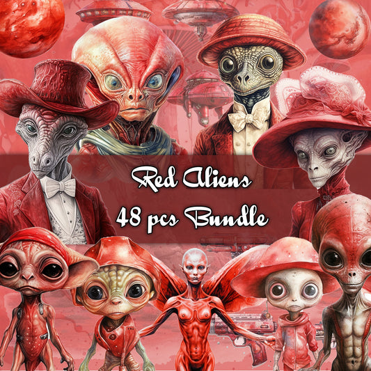 Red Aliens bundle , male female, spaceships planets, fussy cuts, journal pages background , ephemera ,  PNG jpg , commercial use , printable