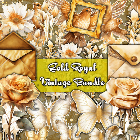 Vintage gold color Bundle, fussy cuts, Flowers , Birds , Frames,  Stars ...ect ephemera, junk journal, scrapbook, collage, digital printable
