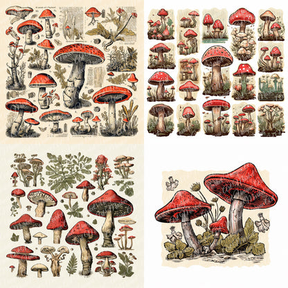 Vintage fussy mushrooms Mega bundle kit , junk journal ephemera, mushroom stickers , digital printable, collage, scrapbooking, vintage print