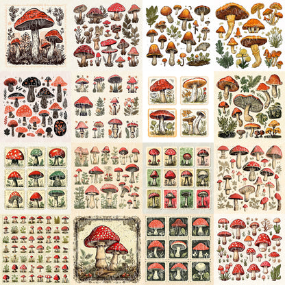 Vintage fussy mushrooms Mega bundle kit , junk journal ephemera, mushroom stickers , digital printable, collage, scrapbooking, vintage print