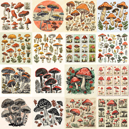 Vintage fussy mushrooms Mega bundle kit , junk journal ephemera, mushroom stickers , digital printable, collage, scrapbooking, vintage print