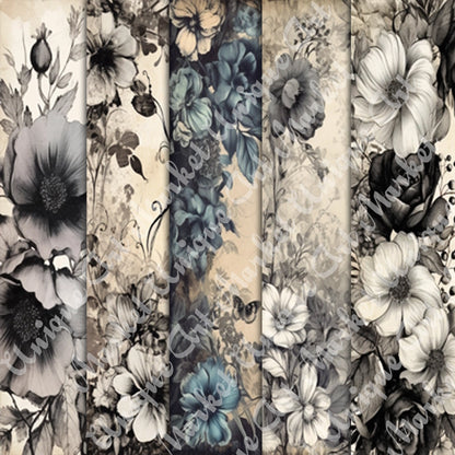 Vintage Black Floral Journal Pages , Digital Papers, gothic Backgrounds , Scrapbooking Junk Journaling , Printable Download , Black flowers