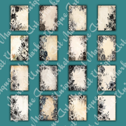 Vintage Black Floral Journal Pages , Digital Papers, gothic Backgrounds , Scrapbooking Junk Journaling , Printable Download , Black flowers