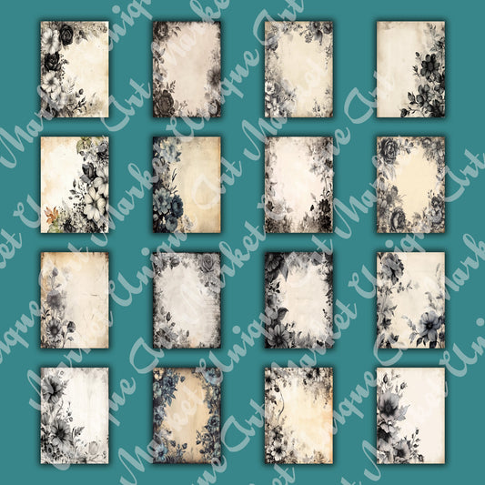 Vintage Black Floral Journal Pages , Digital Papers, gothic Backgrounds , Scrapbooking Junk Journaling , Printable Download , Black flowers