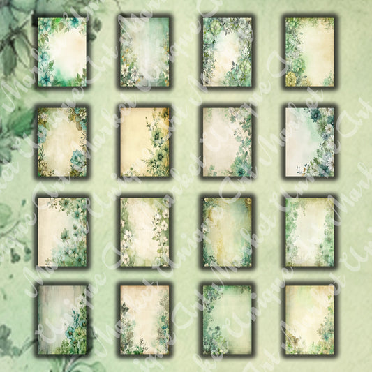 Vintage Green Floral Journal Pages , Digital Papers, floral Backgrounds , Scrapbooking Junk Journaling , Printable Download , Green flowers