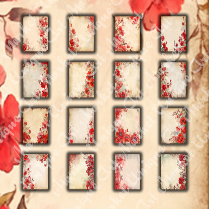 Vintage Red Floral Journal Pages , Digital Papers, floral Backgrounds , Scrapbooking Junk Journaling , Printable Download , Red flowers