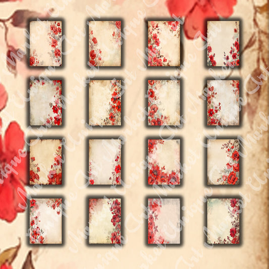 Vintage Red Floral Journal Pages , Digital Papers, floral Backgrounds , Scrapbooking Junk Journaling , Printable Download , Red flowers