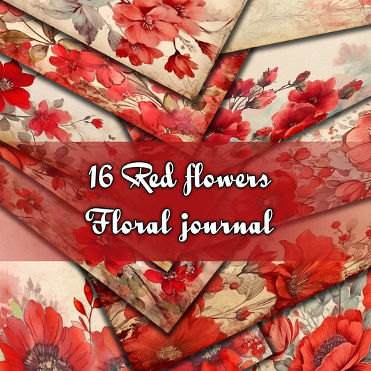 Vintage Red Floral Journal Pages , Digital Papers, floral Backgrounds , Scrapbooking Junk Journaling , Printable Download , Red flowers