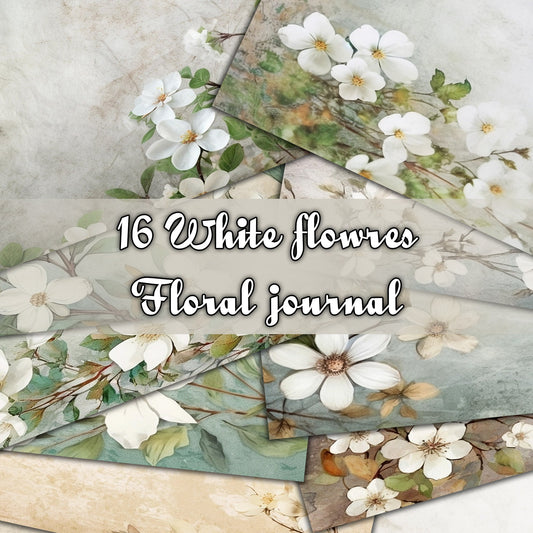 Vintage White flowers Journal Pages , Digital Papers, floral Backgrounds , Scrapbooking Junk Journaling , Printable Download , White flowers