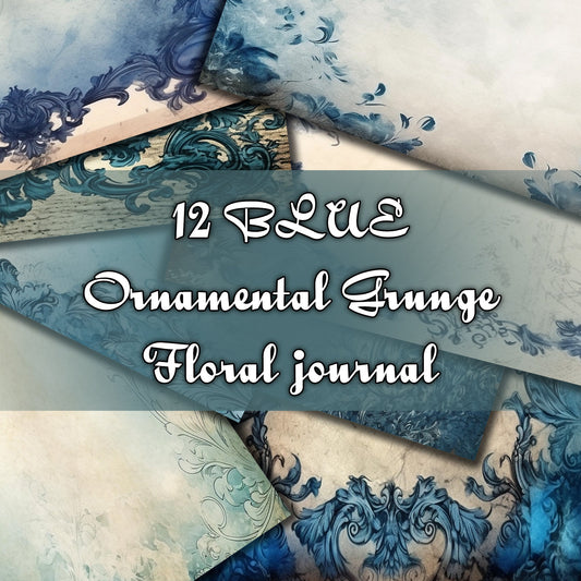 Vintage Blue Ornamental Grunge journal paqes, Digital Papers, Gothic Backgrounds , Scrapbooking Junk Journaling , Printable Download,