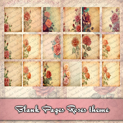 Vintage roses blank Journal Pages , Digital Papers, roses Background , Scrapbooking Junk Journaling , fussy cut roses , white rose . kits