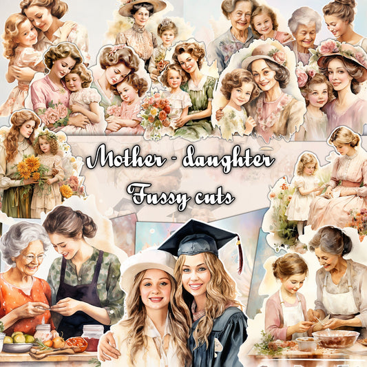 vintage  Cherished Moments: Mother and Daughter Fussy Cuts Digital Bundle for Junk Journaling. ephemera Scrapbook, Paper Crafts Scrapbooking