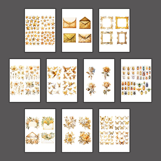 Vintage gold color Bundle, fussy cuts, Flowers , Birds , Frames,  Stars ...ect ephemera, junk journal, scrapbook, collage, digital printable