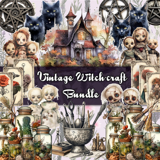 witchcraft junk journal Bundle, spells, Symbols, Tarot, Moon Phases, Gothic, skull, moon, witch,  gothic black magic, fussy cuts, stickers