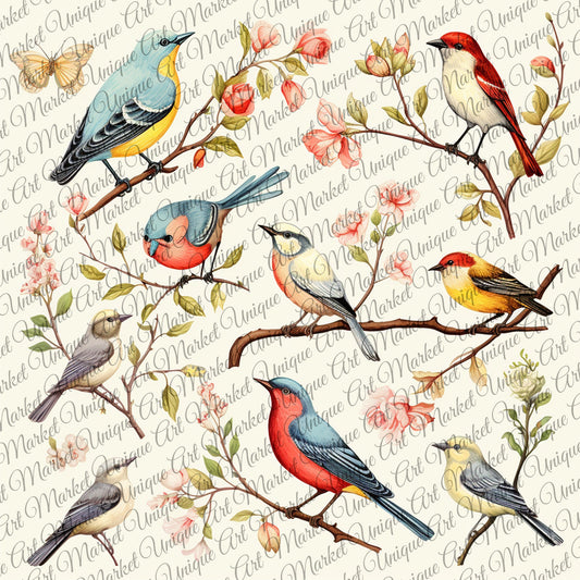 Vintage fussy cut birds flowers v3 kit , junk journal ephemera, birds stickers , digital printable, collage ,butterflies , floral stickers