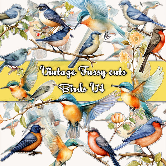 Vintage fussy cut birds flowers v4 kit , junk journal ephemera, birds stickers , digital printable, collage , scrapbooking , floral stickers