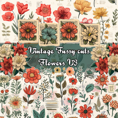 Vintage Prints Fussy Cut Flowers Mega Pack, 20 Digital Fussy Cut Flower sheet, vintage, Digital Printable Flowers, Ephemera junk Journal kit
