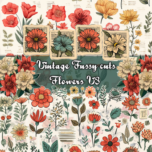 Vintage Prints Fussy Cut Flowers Mega Pack, 20 Digital Fussy Cut Flower sheet, vintage, Digital Printable Flowers, Ephemera junk Journal kit