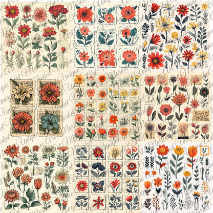 Vintage Prints Fussy Cut Flowers Mega Pack, 20 Digital Fussy Cut Flower sheet, vintage, Digital Printable Flowers, Ephemera junk Journal kit