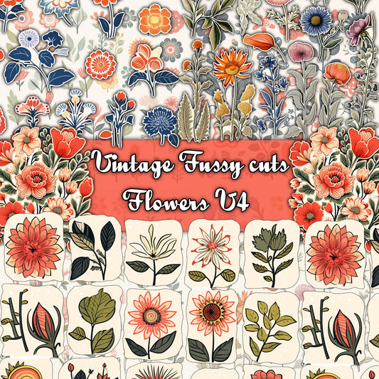 Vintage Printable Fussy Cuts Flowers Mega Pack V4, 24 Digital Fussy Cut Flower sheet, vintage, Printable Flowers, Ephemera junk Journal kit