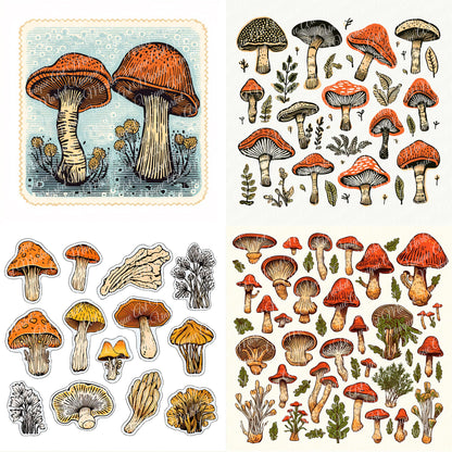Vintage fussy mushrooms Mega bundle kit , junk journal ephemera, mushroom stickers , digital printable, collage, scrapbooking, vintage print