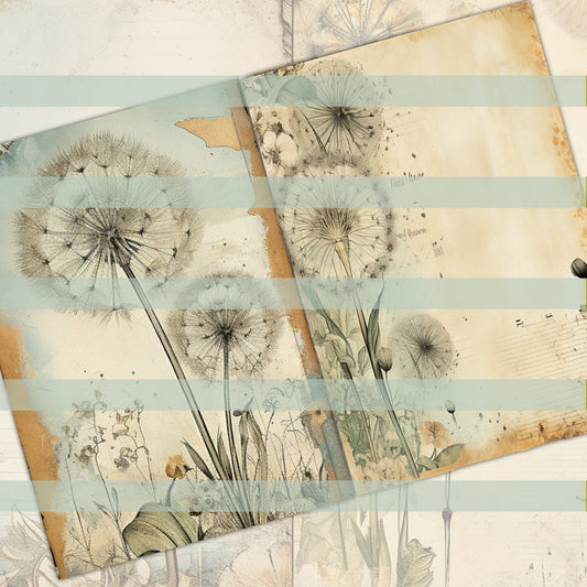 Vintage Dandelion Mega Journal Pages , Digital Papers, floral boho Background , Scrapbooking Junk Journaling ,flower journal , printable kit