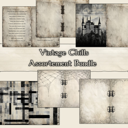 Vintage Chills: Abandoned Houses, Cryptic Notes, Fussy Cut Elements for Scrapbooking & Junk Journaling - Yellow Background - black ephemera