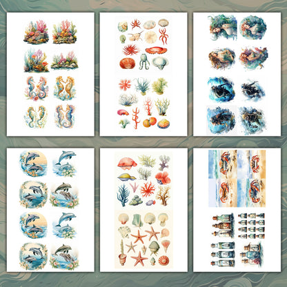Seaside Serenity: Vintage Ocean Delights - Fussy Cuts and Backgrounds for Junk Journaling Scrapbooking - ephemera journal page - ocean sea