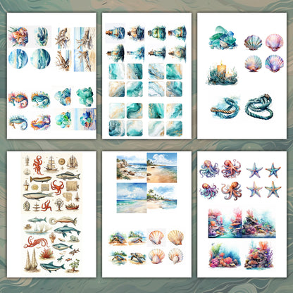 Seaside Serenity: Vintage Ocean Delights - Fussy Cuts and Backgrounds for Junk Journaling Scrapbooking - ephemera journal page - ocean sea