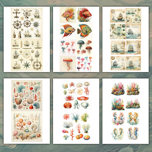Seaside Serenity: Vintage Ocean Delights - Fussy Cuts and Backgrounds for Junk Journaling Scrapbooking - ephemera journal page - ocean sea