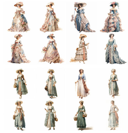 Regal Elegance Rediscovered: 18th Century Women&#39;s Fashion Collection for Digital Junk Journaling Scrapbooking  Fussy Cut Vintage Ephemera
