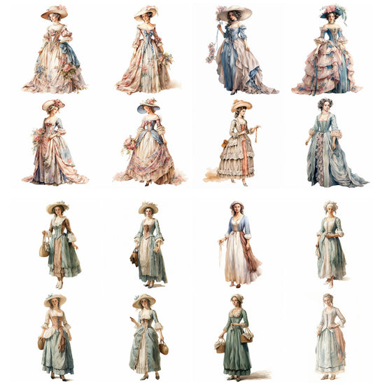 Regal Elegance Rediscovered: 18th Century Women&#39;s Fashion Collection for Digital Junk Journaling Scrapbooking  Fussy Cut Vintage Ephemera
