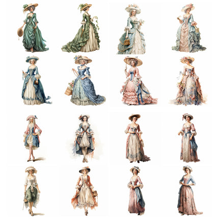 Regal Elegance Rediscovered: 18th Century Women&#39;s Fashion Collection for Digital Junk Journaling Scrapbooking  Fussy Cut Vintage Ephemera