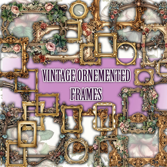 Digital Vintage Frames Bundle: Ornamented, Floral, Golden, 15 Pages (JPG, PNG, PDF), Ideal for Junk Journaling & Scrapbooking
