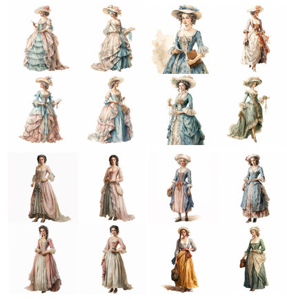 Regal Elegance Rediscovered: 18th Century Women&#39;s Fashion Collection for Digital Junk Journaling Scrapbooking  Fussy Cut Vintage Ephemera