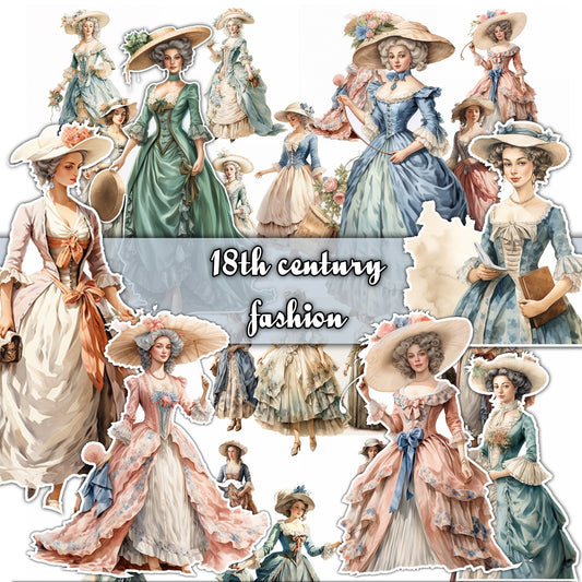 Regal Elegance Rediscovered: 18th Century Women&#39;s Fashion Collection for Digital Junk Journaling Scrapbooking  Fussy Cut Vintage Ephemera