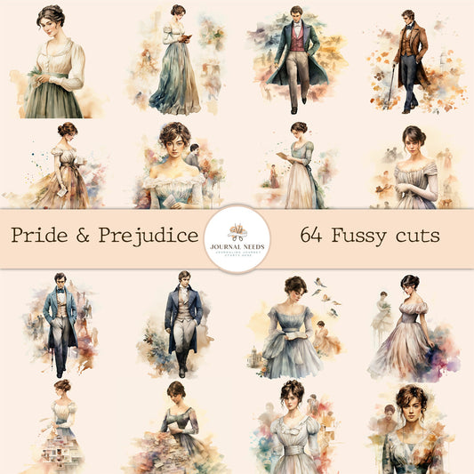 Pride and Prejudice Inspired Printable Kit  fussy cuts water color, junk journal kit ,digital printable ,collage , floral background vintage