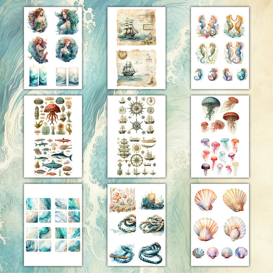Vintage Ocean Digital Bundle: Fish, Dolphin, Mermaid, 40+ Pages, Scrapbook, Journaling kit , JPG, PNG, PDF, Creative Crafts . ephemera .