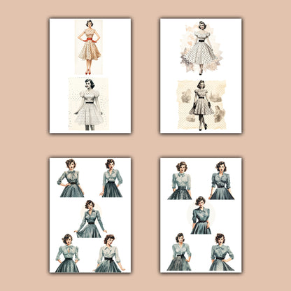 Digital Vintage Ladies Bundle: Retro Fashion, Dotted Polka, 16 Pages (JPG, PNG, PDF), Ideal for Junk Journaling & Scrapbooking Fussy Cuts
