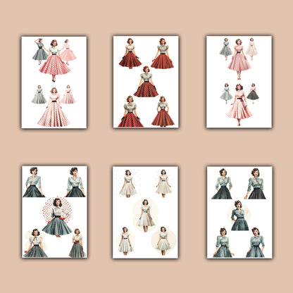 Digital Vintage Ladies Bundle: Retro Fashion, Dotted Polka, 16 Pages (JPG, PNG, PDF), Ideal for Junk Journaling & Scrapbooking Fussy Cuts