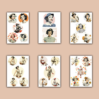 Digital Vintage Ladies Bundle: Retro Fashion, Dotted Polka, 16 Pages (JPG, PNG, PDF), Ideal for Junk Journaling & Scrapbooking Fussy Cuts