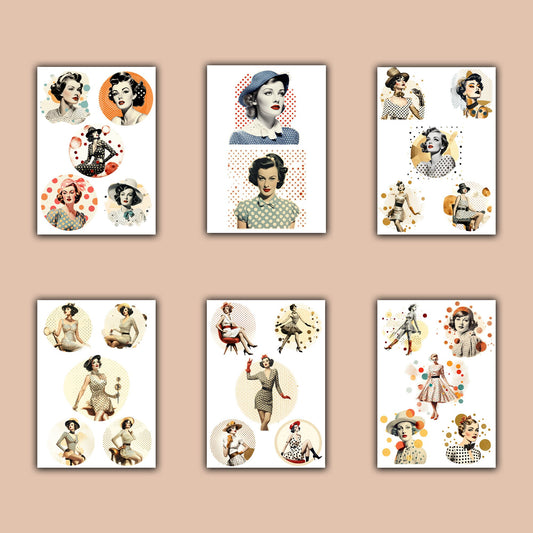Digital Vintage Ladies Bundle: Retro Fashion, Dotted Polka, 16 Pages (JPG, PNG, PDF), Ideal for Junk Journaling & Scrapbooking Fussy Cuts