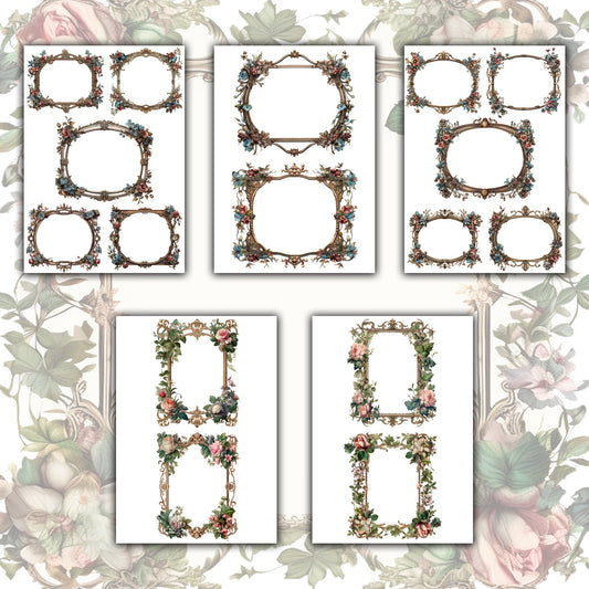 Digital Vintage Frames Bundle: Ornamented, Floral, Golden, 15 Pages (JPG, PNG, PDF), Ideal for Junk Journaling & Scrapbooking