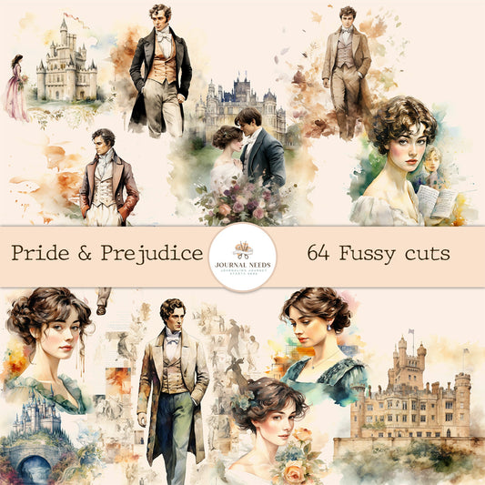 Pride and Prejudice Inspired Printable Kit  fussy cuts water color, junk journal kit ,digital printable ,collage , floral background vintage