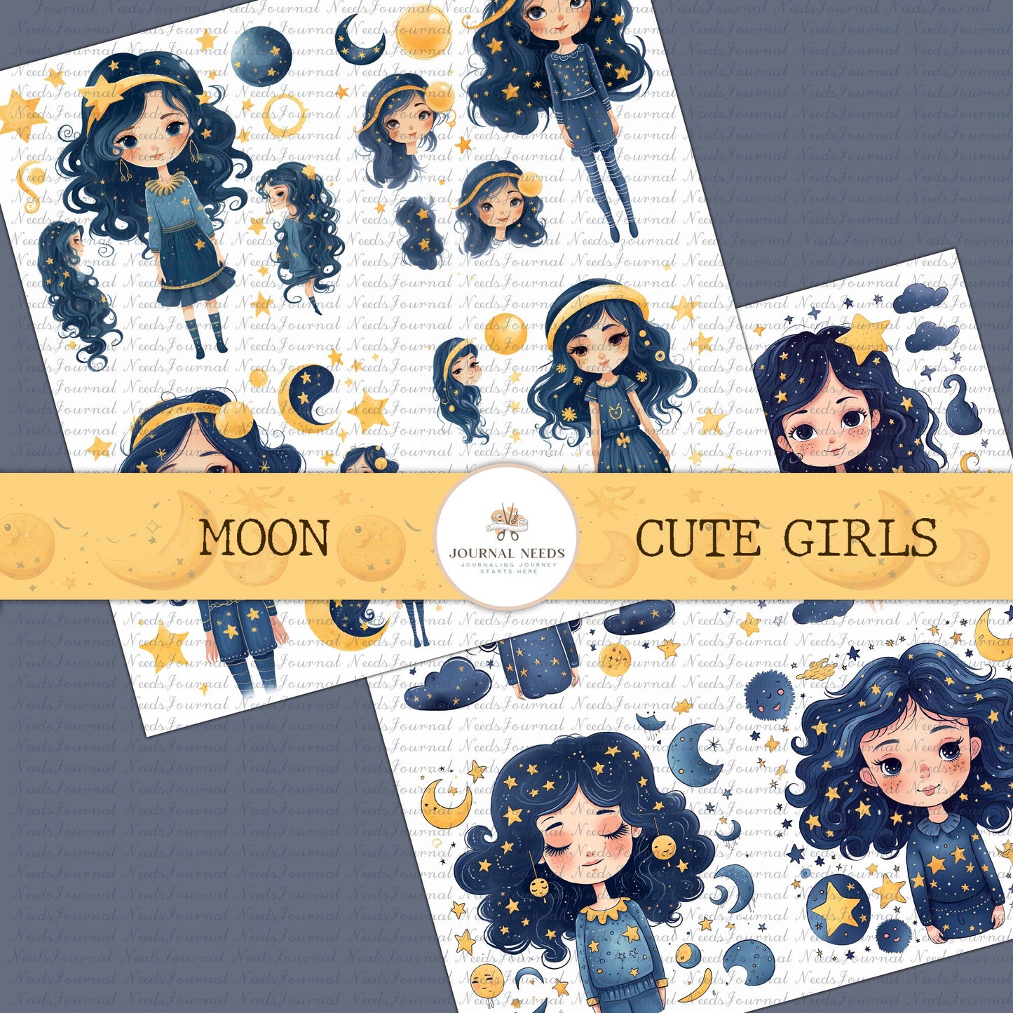 5 Modern Bright Moon Girls Journaling Sheets - Instant Download - Junk Journal Supplies - Printable PDF and JPG - cute girls clipart