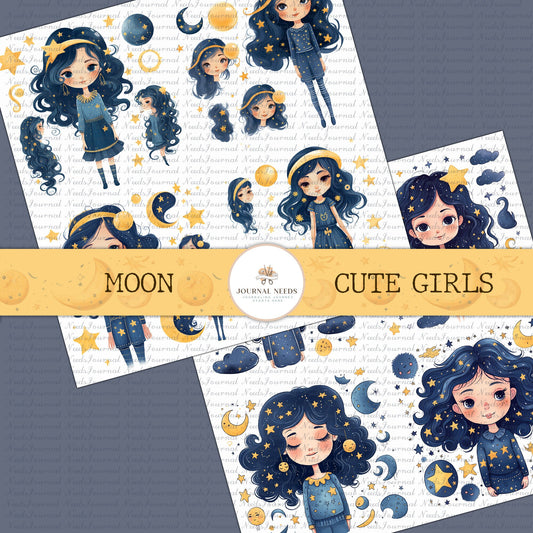 5 Modern Bright Moon Girls Journaling Sheets - Instant Download - Junk Journal Supplies - Printable PDF and JPG - cute girls clipart