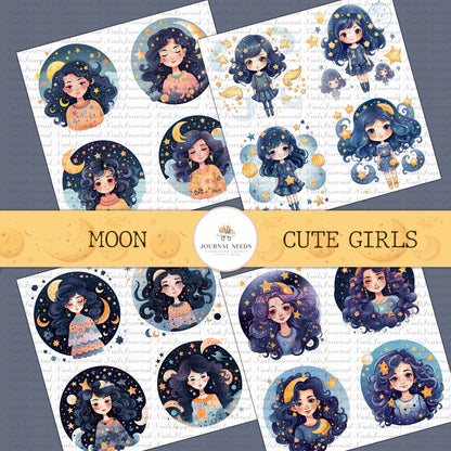 5 Modern Bright Moon Girls Journaling Sheets - Instant Download - Junk Journal Supplies - Printable PDF and JPG - cute girls clipart