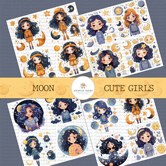 5 Modern Bright Moon Girls Journaling Sheets - Instant Download - Junk Journal Supplies - Printable PDF and JPG - cute girls clipart