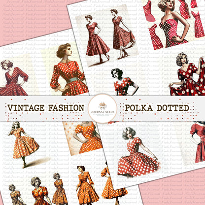 25 Vintage polka Ladies: Retro Fashion, Dotted Polka red orange green(JPG, PDF), Ideal for Junk Journaling & Scrapbooking Fussy Cuts