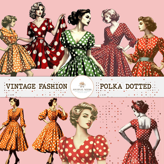 25 Vintage polka Ladies: Retro Fashion, Dotted Polka red orange green(JPG, PDF), Ideal for Junk Journaling & Scrapbooking Fussy Cuts